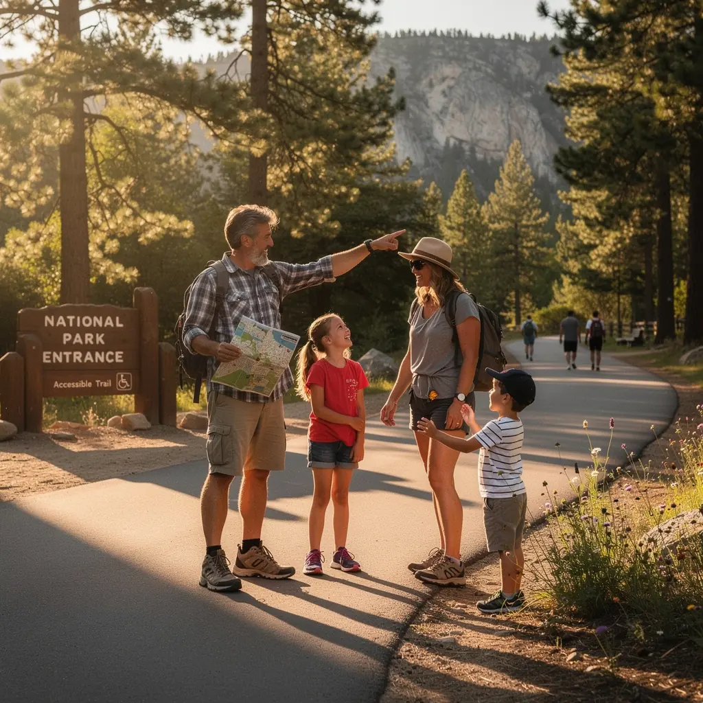 Widok na rodzinę korzystającą z wózka inwalidzkiego na plaży.